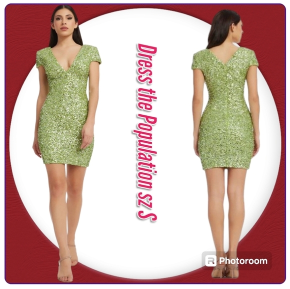 DRESS THE POPULATION Zoe V-Neck Green Sequin Bodycon Mini  Dress - Picture 1 of 15